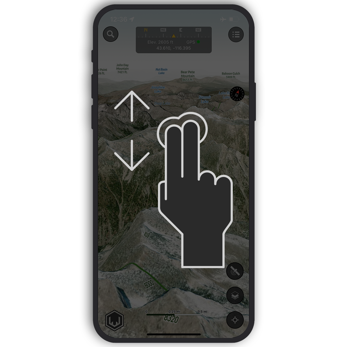 Swipe up or down on your map screen with two simultaneous touch points to tilt your map with a full 90°-range of tilt.